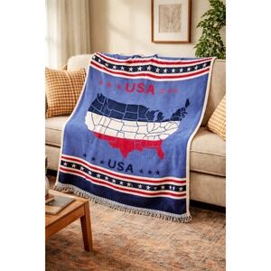 Vintage Vuteks 80's USA States Patriotic Throw Blanket Crown Crafts 60x48